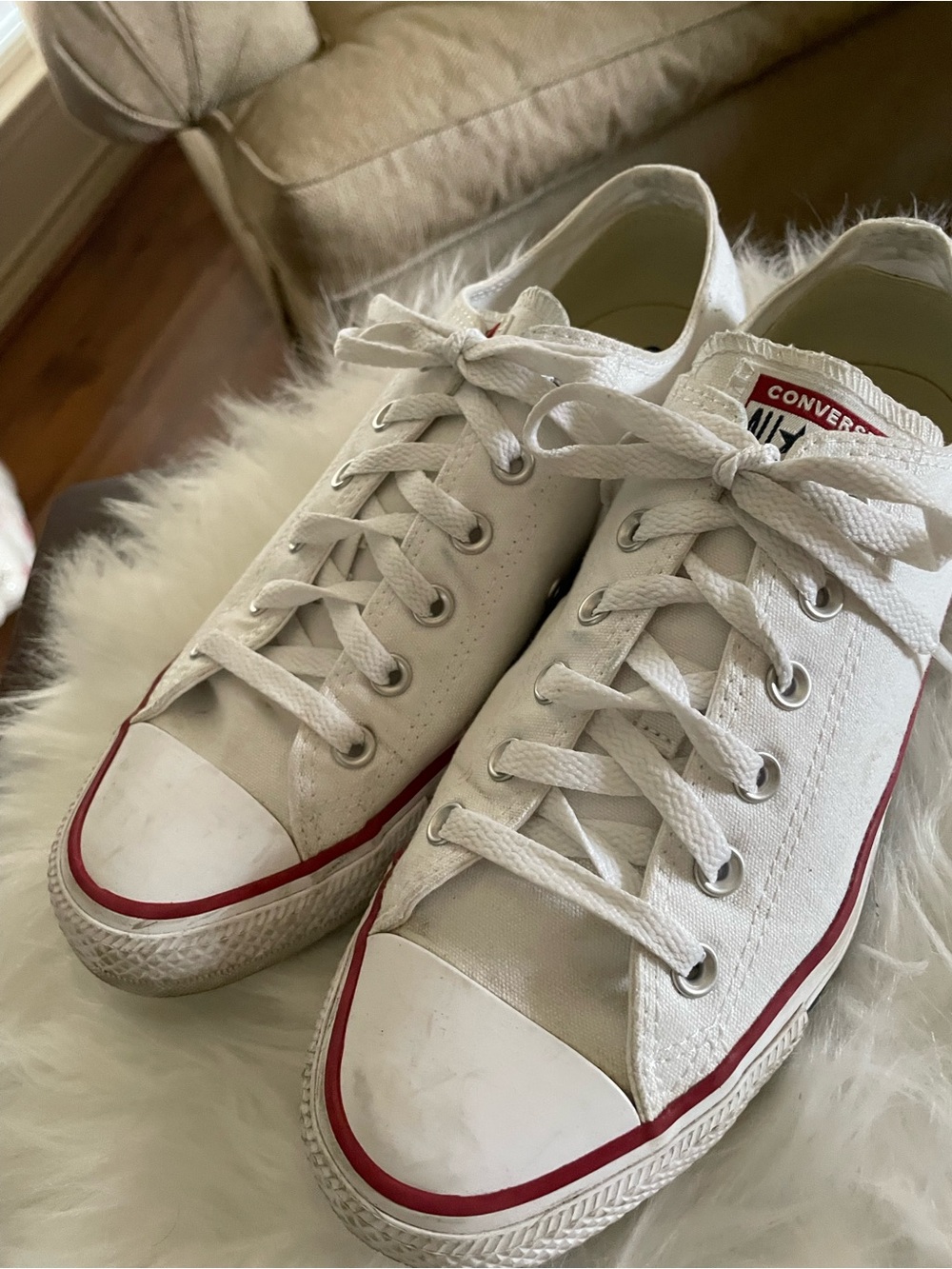 Converse Women's White Low Top Canvas Sneakers with Red Stripe